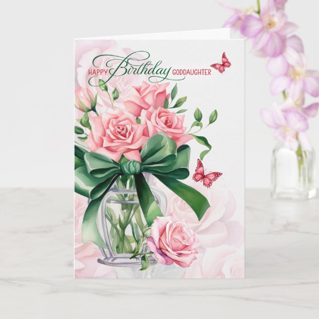Cartão Goddaughter's June Birthday Pink Roses Butterflies (Orquídea)
