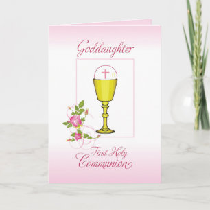 Cartão Godfilha Rosa Primeira Comunhão Santa, Chalice
