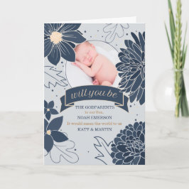 Cartão Godparent Request Bold Blue Botanicals com Foto