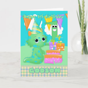 Cartão Godson 1st Birthday Cute Little Monster With Gifts