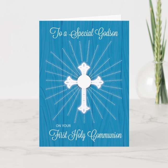 Cartão Godson First Community Cross and Rays on Blue Wood (Frente)