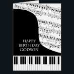 Cartão Godson Piano e Music Aniversário<br><div class="desc">Um cartão de aniversário para um afilhado que gosta de música piano. Um piano de cauda com as chaves na parte inferior da carta. Uma folha de música preenche o fundo. Um cartão de excelente para alguém que adora música. Este NÃO é um cartão musical,  NÃO toca música:</div>