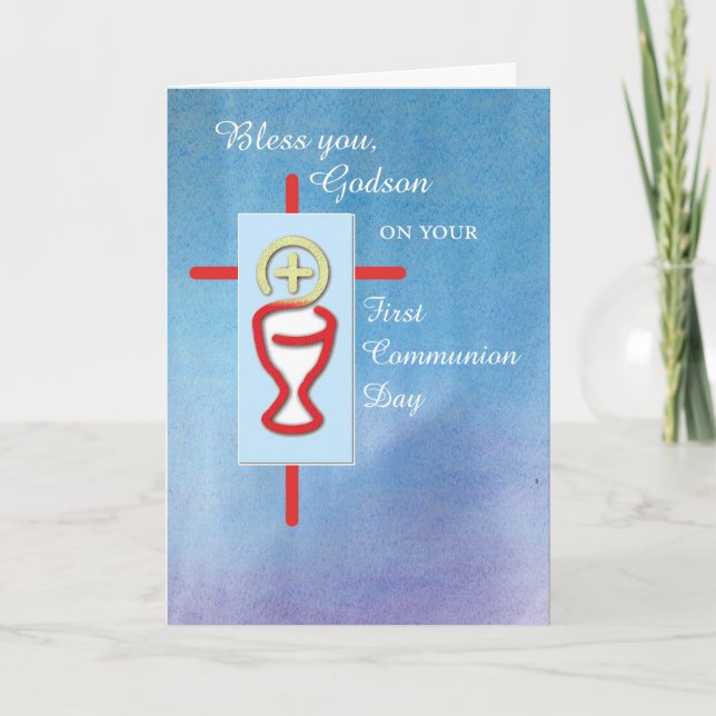 Cartão Godson, primeiro comunhão santamente, azul (Frente)