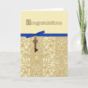 Cartão Gold 3D Damask with Key Charm and Bow Congrats
