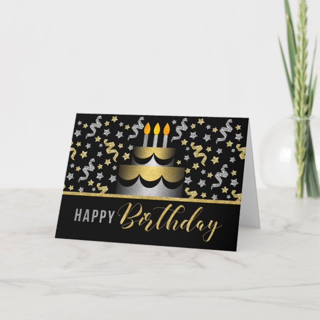Cartão Gold and Silver Faux Glitter on Black with Cake (Frente)