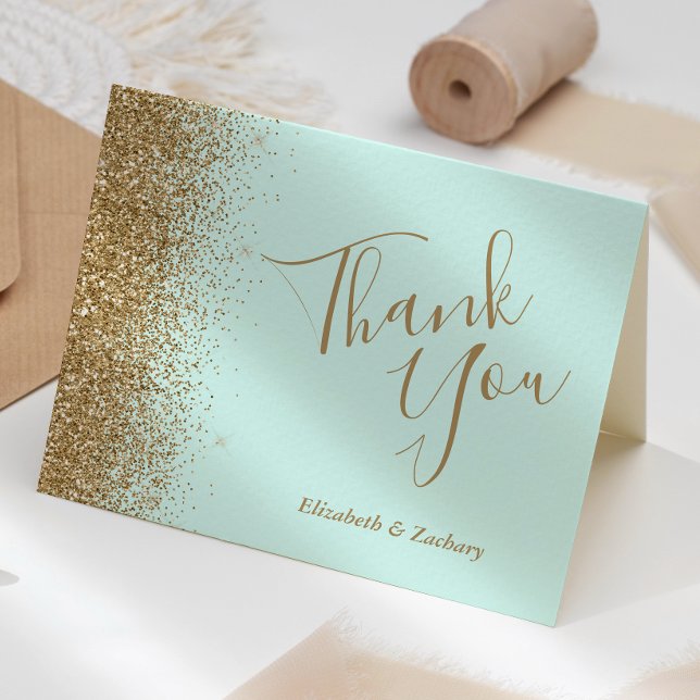 Cartão Gold Glitter Mint Green Wedding Thank You (Criador carregado)