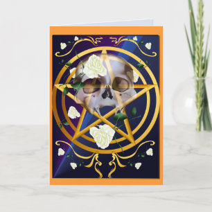 Cartão Gold Pentagram-Skull-White Roses Card