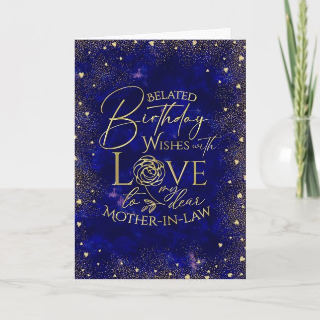 Cartão Gold Text Night Sky Belated Birthday Mother-In-Law (Frente)