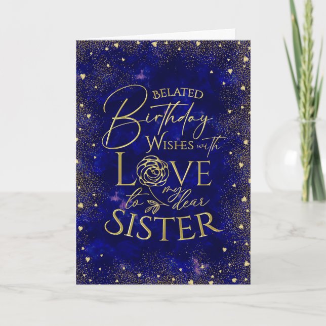 Cartão Gold Text Night Sky Belated Birthday Sister (Frente)