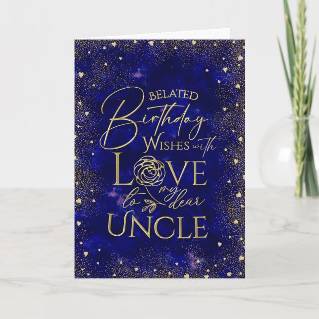 Cartão Gold Text Night Sky Belated Birthday Uncle (Frente)