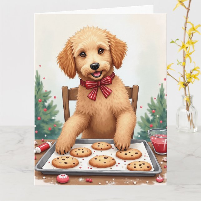 Cartão Golden Doodle Decorando Biscoitos de Natal (Flor Amarela)