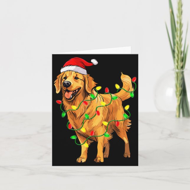 Cartão Golden Retriever Christmas Santa Hat Tree Lights P (Frente)