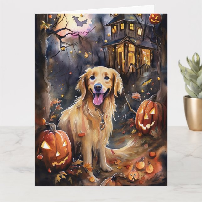 Cartão Golden Retriever de Halloween com Abóboras Assusta (Planta pequena)