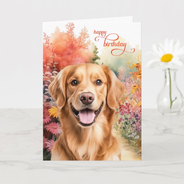 Cartão Golden Retriever Dog Birthday Wishes Flower Garden (Planta pequena)