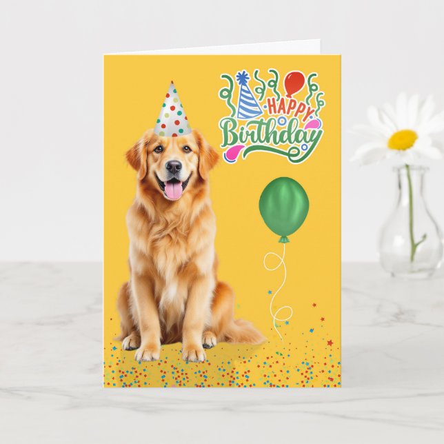 Cartão Golden Retriever Dog Party Hat Yellow Birthday (Planta pequena)
