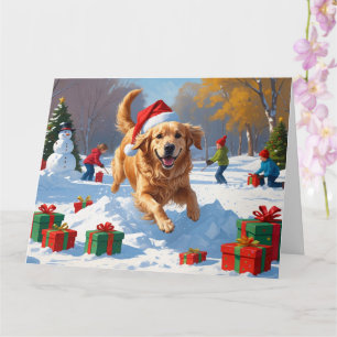 Cartão Golden Retriever na Neve com Chapéu de Natal