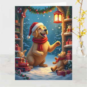 Cartão Golden Retriever na Oficina do Papai Noel Natal