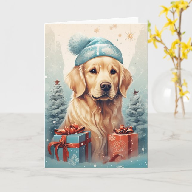 Cartão Golden Retriever Natal – Chapéu de Papai Noel e Fl (Flor Amarela)