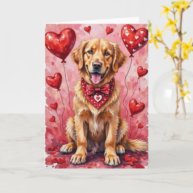Cartão Golden Retriever Valentine’s Day Dog with Hearts (Flor Amarela)