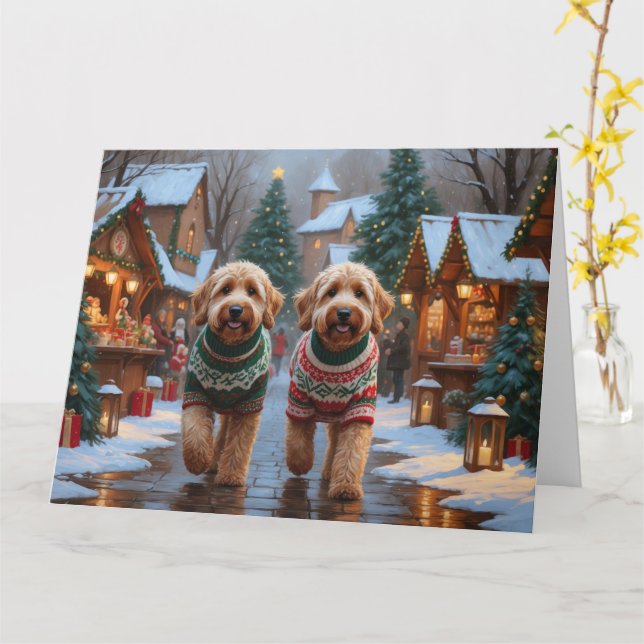 Cartão Goldendoodle Cães Feriado de Natal (Flor Amarela)