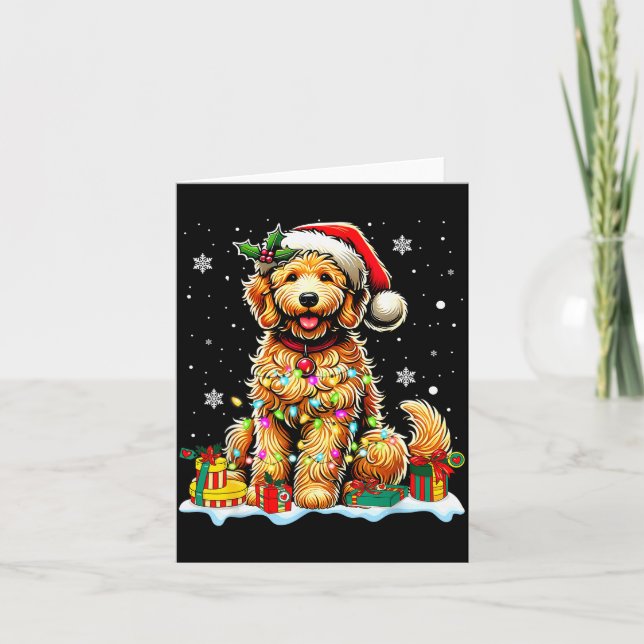 Cartão Goldendoodle Christmas Santa Hat Fairy Lights Paja (Frente)