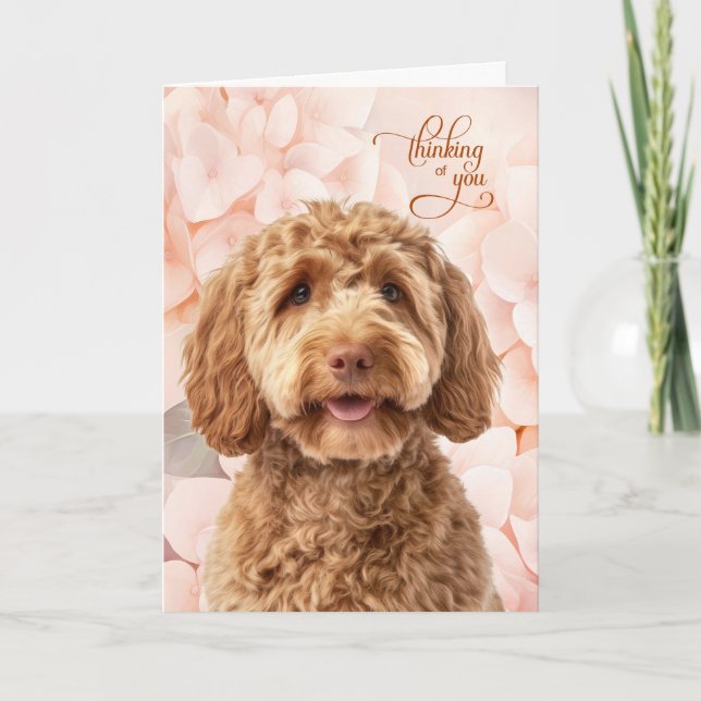 Cartão Goldendoodle Dog Peach Hydrangea Thinking of You (Frente)