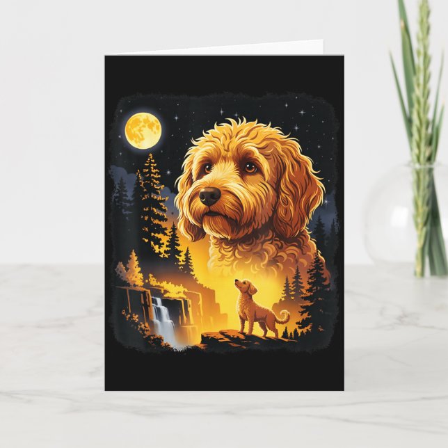 Cartão Goldendoodle Uivando Para a Lua Vintage Engraçado  (Frente)