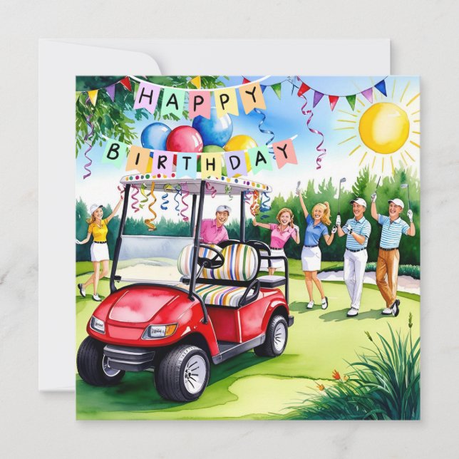 Cartão Golf Birthday pensado com carrinho de golfe e golf (Frente)