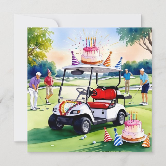 Cartão Golf Birthday pensado com carrinho de golfe e golf (Frente)