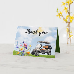 Cartão Golf Obrigado com carrinho de golfe e flores