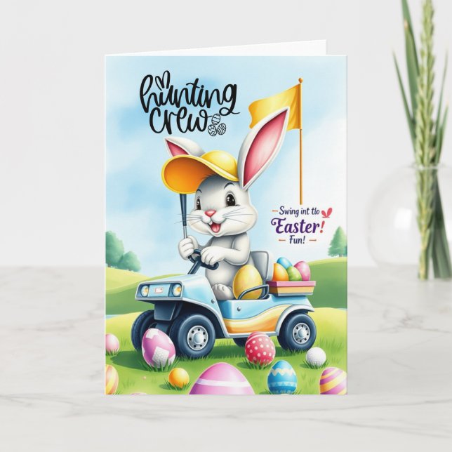 Cartão Golfe Bunny Ribbit Golfer para Páscoa (Frente)