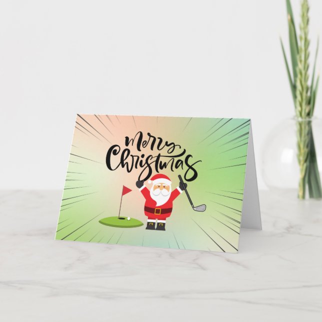 Cartão Golfe Feliz Natal com Papai Noel jogando golfe (Frente)