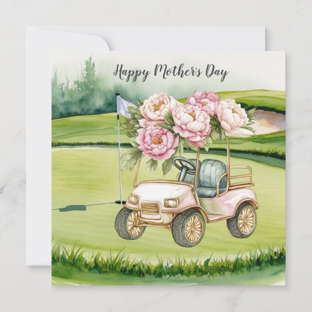 Cartão Golfe no Dia das Mães com Carrinho de Golfe e Flor (Frente)