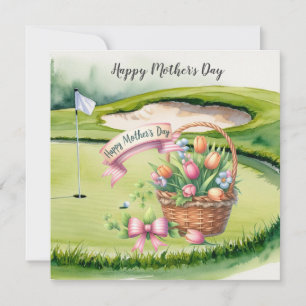 Cartão Golfe no Dia das Mães com cestas de flores no verd