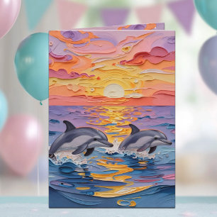 Cartão Golfinhos Impasto e Ondas do Oceano   Feliz Aniver