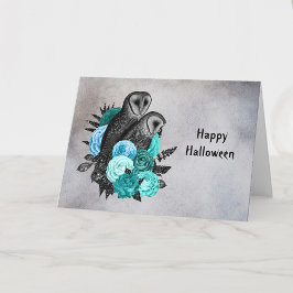 Cartão Gótico Buquê Floral de Coruja de Halloween