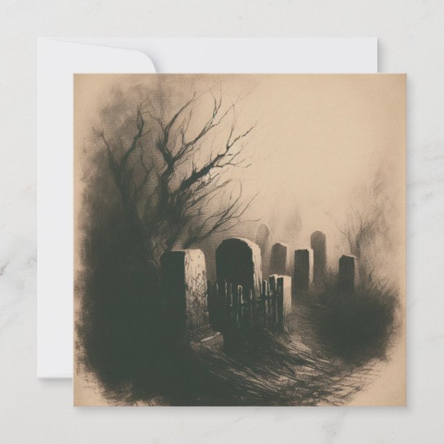 Cartão Gótico de Ilustração Vintage de Graveyard Spooky (Frente)