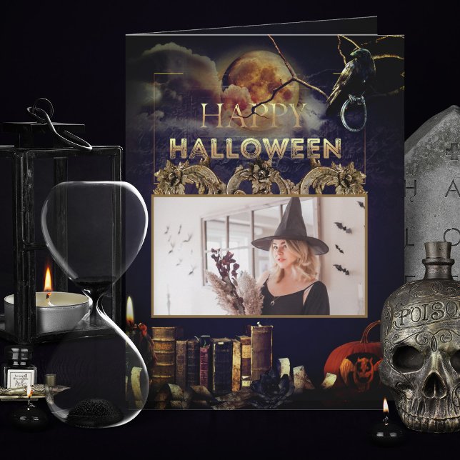 Cartão Gótico Spooky Raven No Dia das Bruxas Adultas Da L (spooky adult gothic folded halloween cards with full moon and pumpkin add your photo)