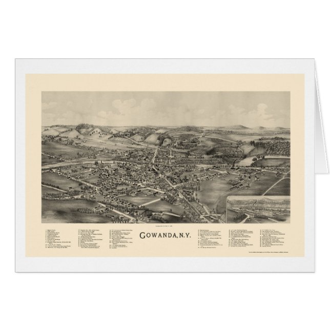 Cartão Gowanda, mapa panorâmico de NY - 1892 (Frente Horizontal)