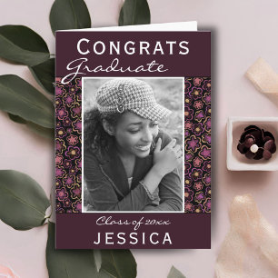 Cartão Graduação de Foto do Padrão de Flor do Formando