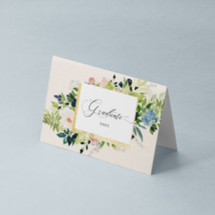 Cartão Graduação de Foto Foliar Azul Blush Floral de Meia