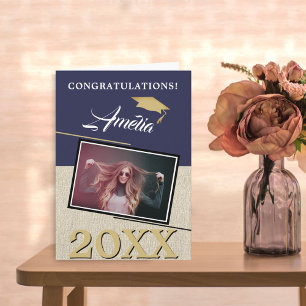 Cartão Graduação de Fotos do Formando Azul do Marinho Mod