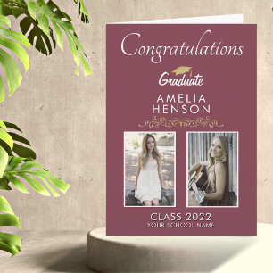 Cartão Graduação de Fotos do Formando Burgundy Dourado 2