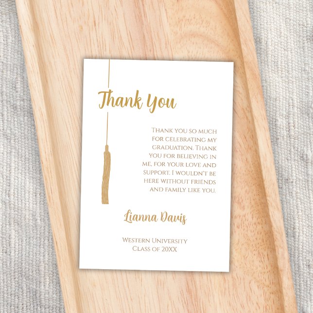 Cartão Graduação Dourada de Tassel Branca Clássica Obriga (graduation party thank you card elegant classic golden white tassel)