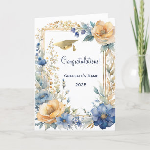 Cartão Graduação Personalizada do Ouro Flor Azul Chic