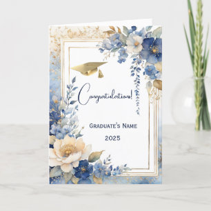 Cartão Graduação Personalizada Floral de Azul de Aquarela