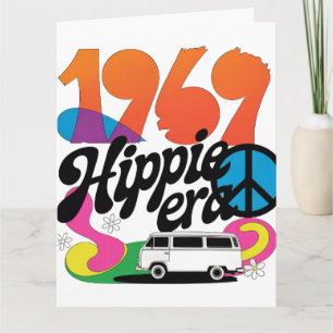 Cartão Gráfico Retro da Era Hippie de 1969 com Símbolo da