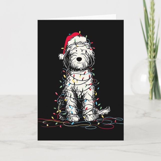 Cartão Gráficos engraçados de Natal de Sheepadoodle Luzes (Frente)