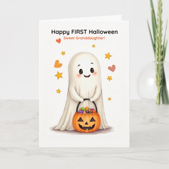 Cartão Granddaughter First Halloween Cute Shy Ghost (Frente)