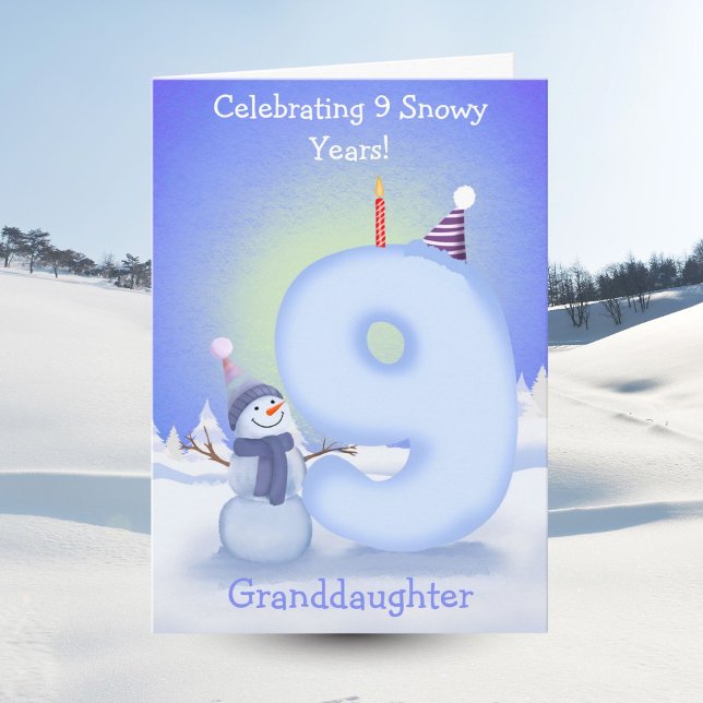 Cartão Granddaughter Happy 9th Birthday Snowman Building  (Criador carregado)